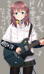 Rule 34 | 1girl, :d, ahoge, black pantyhose, black skirt, black sweater, blue scrunchie, brown hair, cable, clothes writing, contrapposto, cowboy shot, electric guitar, fingernails, glowing, green eyes, grey background, guitar, hair ornament, hair scrunchie, highres, holding, holding instrument, hood, hood down, hoodie, instrument, itou (onsoku tassha), joints, layered sleeves, long sleeves, looking at viewer, mechanical parts, music, open mouth, original, pantyhose, playing instrument, pleated skirt, plectrum, robot joints, scrunchie, short over long sleeves, short sleeves, simple background, skirt, smile, solo, sweater, translation request, twintails, white background, white hoodie