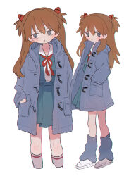 Rule 34 | 1girl, blush, brown hair, closed mouth, coat, grey coat, grey eyes, highres, long hair, looking at viewer, neon genesis evangelion, parted lips, ri (qrcode), simple background, solo, souryuu asuka langley, white background