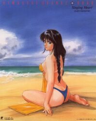 Rule 34 | 1980s (style), 1girl, album cover, ass, ayukawa madoka, back, barefoot, beach, bikini, bikini bottom only, black hair, blue eyes, braided tail, copyright name, cover, covering privates, covering breasts, feet, from behind, kimagure orange road, lips, lipstick, logo, long hair, looking at viewer, looking back, makeup, ocean, official art, oldschool, retro artstyle, sitting, sky, soles, swimsuit, takada akemi, tan, tanline, toes, topless, towel, traditional media