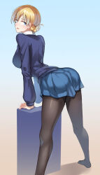 Rule 34 | 1girl, arched back, ass, ayakumo, bent over, black pantyhose, blonde hair, blue cardigan, blue eyes, blue skirt, blue sweater, blush, braid, breasts, cardigan, darjeeling (girls und panzer), from behind, girls und panzer, highres, large breasts, leaning on object, long sleeves, miniskirt, no shoes, open mouth, pantyhose, pleated skirt, saunders school uniform, school uniform, simple background, skirt, solo, sweater, twin braids