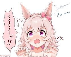 Rule 34 | 1girl, ^^^, animal ears, bare shoulders, blowing in ear, blush, braid, breasts, brown hair, cleavage, collarbone, commentary request, curren chan (umamusume), goom (goomyparty), hair between eyes, hands up, highres, horse ears, nose blush, open mouth, purple eyes, simple background, small breasts, solo, spaghetti strap, surprised, twitter username, umamusume, wavy mouth, white background