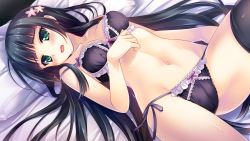 Rule 34 | 1girl, bed sheet, black hair, blunt bangs, bow, bow bra, bow panties, bra, frilled bra, frilled panties, frills, game cg, green eyes, guardian place, hair ornament, highres, hime cut, long hair, lying, navel, on back, open mouth, panties, pillow, saeki hokuto, side-tie panties, solo, strap slip, suminoin ouka, sweat, underwear, underwear only