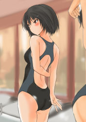 Rule 34 | 1girl, amagami, ass, black hair, blurry, blush, brown eyes, competition swimsuit, depth of field, from behind, md5 mismatch, murasaki iro, nanasaki ai, one-piece swimsuit, solo, swimsuit