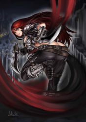 Rule 34 | 1girl, armor, ass, belt, breasts, butt crack, from behind, gauntlets, green eyes, huge ass, katarina (league of legends), knife, league of legends, long hair, parted lips, qblade, red hair, reverse grip, scar, signature, smile, solo, spikes, weapon