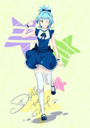 Rule 34 | 1boy, :p, ;q, absurdres, blue hair, bow, crossdressing, death-the-cat, dress, full body, green eyes, hair bow, highres, licking lips, male focus, mary janes, one eye closed, ponytail, ribbon, shiun&#039;in sora, shiunin sora, shoes, smile, solo, thighhighs, tongue, tongue out, trap, white thighhighs, wink, wrist cuffs, yu-gi-oh!, yu-gi-oh! arc-v