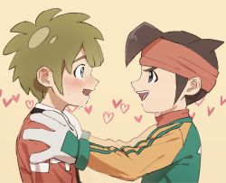 Rule 34 | 2boys, blue eyes, blush, brown eyes, brown hair, child, endou mamoru, eye contact, gloves, hands on another&#039;s shoulders, headband, heart, highres, inazuma eleven, inazuma eleven (series), looking at another, male focus, multiple boys, saichuu (datttebayoo), smile, sweat, tachimukai yuuki, yaoi