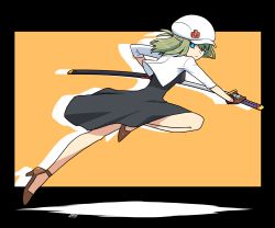 Rule 34 | 1girl, black background, black dress, blue eyes, breasts, brown footwear, brown gloves, cabbie hat, closed mouth, commentary request, cropped jacket, dress, drop shadow, full body, gloves, green hair, hair over one eye, hat, high heels, highres, holding, holding sheath, holding sword, holding weapon, jacket, muu (mumumer), open clothes, open jacket, orange background, original, scabbard, shadow, sheath, shoes, small breasts, solo, sword, two-tone background, unsheathing, weapon, white hat, white jacket, yunomiya agari