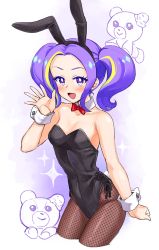 Rule 34 | 1girl, aikatsu! (series), aikatsu planet!, animal ears, armpit crease, bare shoulders, black hairband, black leotard, blonde hair, bow, bowtie, breasts, cleavage, clenched hand, cowboy shot, cropped legs, detached collar, fake animal ears, fake tail, fishnet thighhighs, fishnets, forehead, hair intakes, hairband, highres, leotard, looking at viewer, multicolored hair, open mouth, pantyhose, playboy bunny, purple eyes, purple hair, purple outline, rabbit ears, rabbit tail, red bow, ruli (aikatsu planet!), sidelocks, simple background, small breasts, smile, solo, sparkle, strapless, strapless leotard, streaked hair, stuffed animal, stuffed toy, tail, tamaki ruli, teddy bear, thighhighs, twintails, waving, white background, wing collar, wrist cuffs, yoban