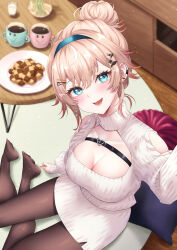 Rule 34 | 1girl, absurdres, bird hair ornament, black pantyhose, blonde hair, blue eyes, blue hairband, breasts, chest strap, cleavage, cleavage cutout, clothing cutout, coffee, coffee mug, collarbone, cup, earrings, food, hair bun, hair ornament, hairband, hairclip, highres, indie virtual youtuber, jewelry, mary is mine, medium breasts, mug, natsuki tsubame, official art, open mouth, orange nails, pantyhose, pillow, plate, rug, selfie, shoulder cutout, solo, sweater, symbol in eye, table, virtual youtuber, white sweater, wooden floor
