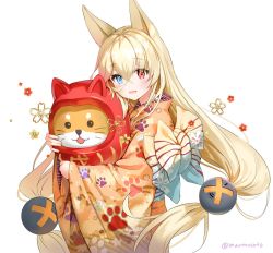 Rule 34 | 1girl, alternate costume, animal ears, bad id, bad twitter id, blonde hair, blue eyes, blush, breasts, crossed bangs, eyes visible through hair, floating hair, flower, fox ears, g41 (girls&#039; frontline), girls&#039; frontline, hair between eyes, heterochromia, holding, hug, japanese clothes, kimono, long hair, looking at viewer, low twintails, marmoset (marmoset0), obi, open mouth, paw print, paw print pattern, red eyes, sash, simple background, small breasts, smile, solo, twintails, twitter username, very long hair, white background, wide sleeves