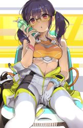 Rule 34 | 1girl, ameno tetsuo, bare arms, bare shoulders, black hair, bodysuit, bottle, breasts, collarbone, commentary request, crop top, glasses, gloves, highres, holding, holding bottle, long hair, looking at viewer, medium breasts, midriff, navel, orange shirt, original, parted lips, red eyes, semi-rimless eyewear, shirt, sidelocks, single glove, sitting, sleeveless, sleeveless shirt, solo, sweat, twintails, under-rim eyewear, watch, white gloves, wristband, wristwatch