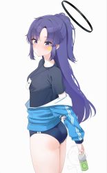 Rule 34 | 1boy, 1girl, absurdres, doodle sensei (blue archive), ass, black shirt, blue archive, blush, bottle, breasts, buruma, halo, highres, id card, jacket, jacket partially removed, looking at viewer, medium breasts, mintz912, ponytail, purple eyes, purple hair, sensei (blue archive), shirt, simple background, solo focus, star sticker, sticker on face, track jacket, water bottle, white background, yuuka (blue archive), yuuka (track) (blue archive)