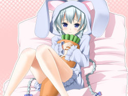 Rule 34 | 00s, 1girl, :3, ar tonelico, ar tonelico i, bad id, bad pixiv id, bed, beniimo, blue eyes, blush, bow, braid, carrot, frills, gust, hair bow, long hair, mihamimo, pajamas, pillow, shurelia (ar tonelico), solo, twin braids, white hair