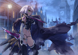 Rule 34 | 1girl, bandaged arm, bandages, bare shoulders, black panties, black thighhighs, breasts, building, cloak, closed mouth, crop top, dagger, dual wielding, elizabeth tower, fate/apocrypha, fate (series), fingerless gloves, fog, from side, gloves, green eyes, groin, holding, jack the ripper (fate/apocrypha), knife, looking at viewer, looking to the side, lowleg, lowleg panties, micro panties, navel, panties, profile, road, scar, short hair, silver hair, single glove, small breasts, smile, solo, standing, stomach, street, tattoo, thighhighs, underwear, weapon, yahako