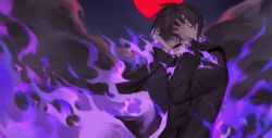 Rule 34 | 1boy, black hair, burning, covered eyes, fang, fire, forever 7th capital, hair over eyes, hands on own head, highres, isaac (forever 7th capital), long sleeves, male focus, meru02295238, moon, purple fire, purple theme, red moon, scratching head, screaming, smoke, solo, tears, upper body
