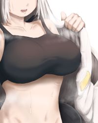 Rule 34 | 1girl, absurdres, arknights, breasts, chinese commentary, commentary request, crop top, groin, head out of frame, highres, large breasts, long hair, midriff, mudrock (arknights), mudrock (elite ii) (arknights), navel, open clothes, open mouth, simple background, solo, sports bra, stomach, sweat, trangle (tranglettlle), upper body, white background, white hair