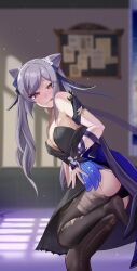 Rule 34 | 1girl, :q, absurdres, black panties, black pantyhose, blurry, blurry background, blush, breasts, cleavage, cone hair bun, dress, genshin impact, hair bun, highres, indoors, keqing (genshin impact), large breasts, leg up, long hair, looking at viewer, mikae (famu8783), panties, pantyhose, purple hair, red eyes, sash, sideboob, solo, standing, standing on one leg, strapless, strapless dress, tongue, tongue out, torn clothes, torn pantyhose, twintails, underwear