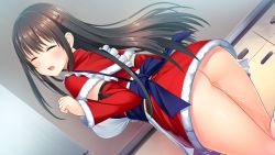 Rule 34 | 1girl, absurdres, aftersex, apron, ass, backboob, black hair, blush, breasts, capelet, christmas, closed eyes, cum, cum in pussy, cumdrip, detached sleeves, embarrassed, female focus, from behind, fur-trimmed capelet, fur-trimmed skirt, fur trim, game cg, groin, hand up, highres, indoors, kitchen, large breasts, legs, light blush, long hair, miniskirt, nekonyan, no panties, open mouth, original, santa costume, skirt, solo, standing, thighs, tonari ni kanojo no iru shiawase ~winter guest~, yukimura shiho