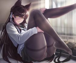 Rule 34 | 1girl, animal ears, ass, atago (azur lane), atago (school traumerei) (azur lane), azur lane, bad id, bad twitter id, bag, black hair, black pantyhose, blush, breasts, brown eyes, closed mouth, curtains, day, extra ears, feet, feet up, hair ribbon, half-closed eyes, hand on own knee, head tilt, indoors, large breasts, leg hold, legs up, light rays, long hair, looking at viewer, mole, mole under eye, no shoes, on bed, panties, panties under pantyhose, pantsu majirou, pantyhose, parted lips, ribbon, sailor collar, school bag, school uniform, serafuku, sitting, smile, solo, sweater, swept bangs, thighband pantyhose, underwear, uniform, white panties, white ribbon, window