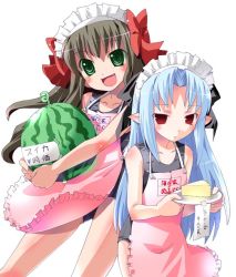 Rule 34 | 00s, 2girls, :&lt;, :d, apron, arima miyako, blue hair, blush, bow, brown hair, clothes writing, fang, food, frilled apron, frills, fruit, green eyes, hair bow, imu sanjo, len (tsukihime), melty blood, multiple girls, name tag, one-piece swimsuit, open mouth, pink apron, pointy ears, red bow, red eyes, ribbon, school swimsuit, simple background, smile, swimsuit, tsukihime, type-moon, waitress, watermelon, white background