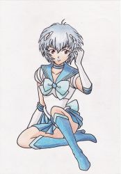 Rule 34 | 1990s (style), ayanami rei, bishoujo senshi sailor moon, blue hair, cosplay, crossover, neon genesis evangelion, red eyes, retro artstyle, sailor mercury (cosplay)