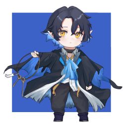 Rule 34 | 1boy, :&lt;, arknights, black cape, black hair, black pants, blue background, blue cape, blue footwear, blue hair, blush, cape, chibi, closed mouth, collared shirt, dress shirt, full body, hair between eyes, highres, holding, key, keyring, long sleeves, lumen (arknights), male focus, multicolored hair, pants, parted bangs, pointy ears, shirt, shoes, shukey64325, solo, standing, two-tone background, two-tone hair, white background, white shirt, yellow eyes