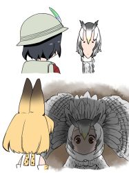 Rule 34 | 10s, 3girls, animal ears, artist request, backpack, bag, black hair, blonde hair, bucket hat, coat, commentary, hat, hat feather, head wings, kaban (kemono friends), kemono friends, multiple girls, northern white-faced owl (kemono friends), red shirt, serval (kemono friends), serval print, shirt, short hair, wavy hair, white hair, wings