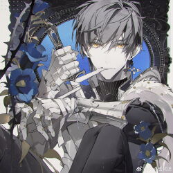 Rule 34 | 1boy, absurdres, armor, bai qi (love and producer), bandages, blue flower, breastplate, cape, chain, closed mouth, cross, cross earrings, earrings, feet out of frame, flower, fur-trimmed cape, fur trim, gauntlets, greyscale, hair between eyes, highres, holding, holding sword, holding weapon, jewelry, knees up, leaf, light particles, looking at viewer, love and producer, male focus, monochrome, mouth hold, official art, pants, parted lips, pauldrons, reverse grip, shirt, short hair, shoulder armor, side cape, single earring, smile, solo, spot color, ssr dianji jiu song, sword, throne, turtleneck, weapon, weibo logo, weibo watermark, yellow eyes