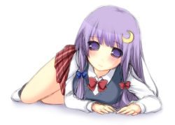 Rule 34 | 1girl, alternate costume, bad id, bad pixiv id, blush, bow, crescent, crescent hair ornament, crescent moon, female focus, hair ornament, hair ribbon, kabata (mechisan), long hair, long sleeves, looking at viewer, lying, mechisan, moon, no headwear, on stomach, patchouli knowledge, pleated skirt, purple eyes, purple hair, ribbon, school uniform, simple background, sketch, skirt, solo, touhou, vest