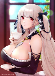 Rule 34 | 1girl, artist name, azur lane, between breasts, blurry, blurry background, breasts, cleavage, cup, detached collar, dress, formidable (azur lane), frilled dress, frills, gothic lolita, hachimitsu hinako, hair ribbon, holding, holding cup, indoors, large breasts, lolita fashion, long hair, looking at viewer, neckwear between breasts, one-hour drawing challenge, platinum blonde hair, red eyes, ribbon, solo, teacup, twintails, two-tone dress, two-tone ribbon, upper body, very long hair