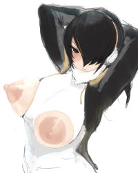 Rule 34 | 1girl, alternate breast size, arms behind head, arms up, black hair, breastless clothes, breasts, brown eyes, closed mouth, emperor penguin (kemono friends), hair over one eye, half-closed eye, headphones, highres, huge breasts, jacket, kemono friends, large areolae, leotard, long bangs, long hair, long sleeves, looking at viewer, multicolored hair, nipples, open clothes, open jacket, red hair, shibori kasu, sketch, solo, streaked hair, two-tone hair, upper body