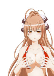 Rule 34 | 10s, 1girl, amagi brilliant park, bra, breasts, brown eyes, brown hair, cleavage, dance in lip, female focus, hands on own chest, large breasts, long hair, sento isuzu, simple background, solo, underwear