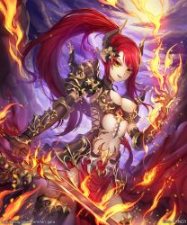 Rule 34 | 1girl, armor, artist name, black legwear, breasts, cleavage, demon horns, fire, fire, hair ornament, holding, holding sword, holding weapon, horns, long hair, midriff, moon, night, night sky, original, outdoors, ponytail, red hair, shoulder armor, sky, standing, sword, tanzzi, watermark, weapon, web address, yellow eyes