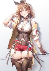 Rule 34 | 1girl, absurdres, atelier (series), atelier ryza, atelier ryza 3, breast pocket, breasts, brown hair, brown thighhighs, brown vest, choker, cleavage, earrings, hair between eyes, hair ornament, highres, jewelry, large breasts, micro shorts, necklace, pocket, red shorts, reisalin stout, short hair, shorts, sleeveless, solo, star (symbol), star choker, thick thighs, thighhighs, thighs, vest, white headwear, x hair ornament, yellow eyes, zhenli-mari