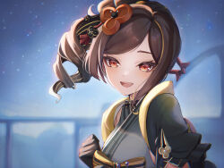 Rule 34 | 1girl, :d, black gloves, brown eyes, brown hair, chiori (genshin impact), genshin impact, gloves, grey kimono, highres, japanese clothes, kimono, looking at viewer, night, night sky, open mouth, outdoors, short hair, short sleeves, side ponytail, sky, smile, solo, star (sky), starry sky, upper body, ura (hamburg oniku)