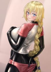 Rule 34 | 1girl, blonde hair, blue eyes, blush, bodysuit, bodysuit under clothes, breasts, fate/grand order, fate (series), gym uniform, highres, jeanne d&#039;arc (fate), jeanne d&#039;arc (ruler) (fate), kilye kairi, large breasts, latex, latex bodysuit, latex suit, long hair, looking at viewer, shiny clothes, skin tight, smile