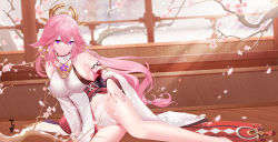 Rule 34 | 1girl, absurdres, animal ears, arm support, branch, breasts, cherry blossom print, cherry blossoms, chinese commentary, cleavage, closed mouth, detached sleeves, earrings, feet out of frame, floppy ears, floral print, fox ears, genshin impact, gold earrings, hair between eyes, highres, japanese clothes, jewelry, large breasts, long hair, looking at viewer, low-tied long hair, lying, no pants, obi, on side, panties, pelvic curtain, petals, pink hair, purple eyes, sash, shirt, smile, snow, solo, thighs, underwear, very long hair, vision (genshin impact), white panties, white shirt, wide sleeves, wooden floor, xiashixue, yae miko