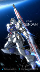 Rule 34 | aqua eyes, char&#039;s counterattack, character name, commentary request, english text, flying, gundam, mecha, mobile suit, no humans, nu gundam, nu gundam (rx-93ff), pixiv id, robot, science fiction, serike w, signature, solo, thrusters, twitter username, v-fin