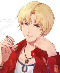 Rule 34 | 1boy, absurdres, artist name, blonde hair, collarbone, commentary request, fate/apocrypha, fate (series), genderswap, genderswap (ftm), green eyes, grin, hands up, highres, holding, jacket, jewelry, kirra1808, long sleeves, looking at viewer, male focus, mordred (fate), mordred (fate/apocrypha), mordred (memories at trifas) (fate), necklace, open clothes, open jacket, pendant, portrait, recursive genderswap, red jacket, shirt, short hair, simple background, smile, solo, upper body, white background