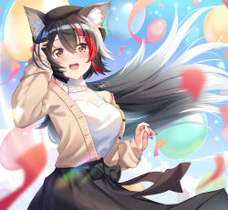 Rule 34 | 1girl, :d, animal ear fluff, animal ears, arm up, balloon, benchen06, black hair, black skirt, blurry, blurry foreground, blush, breasts, brown hair, cardigan, commentary request, confetti, cowboy shot, floating hair, hair between eyes, highres, hololive, large breasts, long hair, long sleeves, looking at viewer, multicolored hair, nail polish, off shoulder, ookami mio, ookami mio (street), open cardigan, open clothes, open mouth, red hair, red nails, shirt, skirt, sleeveless, sleeveless shirt, smile, solo, standing, streaked hair, very long hair, virtual youtuber, white shirt, wolf ears, wolf girl, yellow cardigan