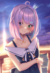 Rule 34 | 1girl, ahoge, arm under breasts, backlighting, balcony, blue dress, blue hair, blush, bracelet, breasts, candy hair ornament, closed mouth, cloud, cloudy sky, collarbone, commentary, crescent, crescent earrings, crescent necklace, crown, dress, earrings, food-themed hair ornament, green eyes, hair intakes, hair ornament, hairclip, heterochromia, highres, himemori luna, himemori luna (sundress), hololive, jewelry, light blue hair, looking at viewer, medium breasts, mini crown, multicolored hair, necklace, ocean, official alternate costume, pink hair, purple eyes, purple sky, short hair, sky, sleeveless, sleeveless dress, smile, solo, starry sky print, streaked hair, sunset, tilted headwear, twitter username, two-tone hair, upper body, veterme, virtual youtuber