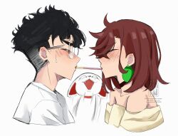 1boy 1girl ayase_momo black_choker black_hair blush brown_hair cat choker closed_eyes dandadan earrings food food_in_mouth glasses highres incoming_pocky_kiss jewelry pinkiwi pocky pocky_in_mouth round_eyewear shared_food shirt sweatdrop takakura_ken_(dandadan) turbo_granny white_background white_shirt