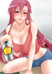 Rule 34 | 10s, 1girl, alcohol, bare shoulders, beer, beer can, blush, breasts, can, cleavage, drink can, gradient background, lips, long hair, maporo shiki, midriff, navel, purple eyes, red hair, ryuugajou nanana no maizoukin, shorts, tongue, tongue out