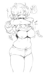 Rule 34 | 1girl, breasts, closed eyes, greyscale, large breasts, long hair, monochrome, nipples, orushibu, plump, short shorts, shorts, soldier (dq3), solo, translation request, undressing