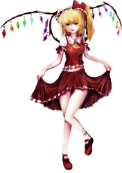 Rule 34 | 1girl, ascot, bad id, bad pixiv id, blonde hair, bow, flandre scarlet, hat, looking at viewer, nekoya (liu), red eyes, ribbon, short hair, side ponytail, simple background, skirt, smile, solo, touhou, white background, wings