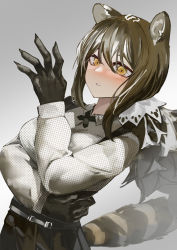 Rule 34 | 1girl, absurdres, animal ears, animal hands, ao oni (onioni-aoi), arknights, black gloves, black skirt, commentary, cross tie, ear piercing, gloves, gradient background, grey background, hair between eyes, hand up, highres, long hair, long sleeves, looking at viewer, parted lips, piercing, ponytail, raccoon ears, robin (arknights), shirt, skirt, solo, upper body, white background, white shirt, yellow eyes