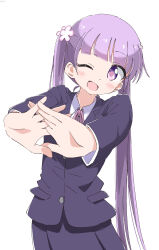 Rule 34 | 1girl, absurdres, business suit, cynical (llcbluckg c004), formal, highres, light blush, new game!, one eye closed, open mouth, purple eyes, purple hair, solo, suit, suzukaze aoba, twintails, white background