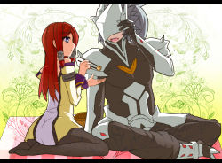 Rule 34 | 1boy, 1girl, arc system works, armor, basket, blazblue, blazblue: calamity trigger, blazblue: continuum shift, blue eyes, chopsticks, floral background, food, hair tubes, hakumen, highres, indian style, letterboxed, long hair, mask, open mouth, pantyhose, picnic, picnic basket, red eyes, red hair, ryou (supercolorfull), silver hair, sitting, smile, thighhighs, tsubaki yayoi, uniform, wariza