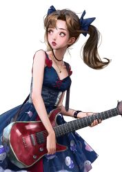Rule 34 | 1girl, black choker, black wristband, blue bow, blue dress, bow, breasts, brown eyes, brown hair, choker, cowboy shot, dress, electric guitar, guitar, hair bow, heart, heo sung-moo, highres, holding, holding instrument, instrument, jewelry, lipstick, long hair, looking to the side, makeup, medium breasts, necklace, nose, original, parted lips, print dress, simple background, solo, twintails, white background, wristband