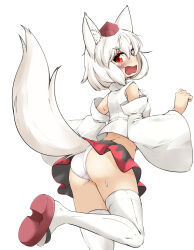 Rule 34 | 1girl, animal ear fluff, animal ears, ass, blush, detached sleeves, embarrassed, from behind, hat, highres, inubashiri momiji, looking at viewer, mepikari, miniskirt, okobo, open mouth, panties, pantyshot, pom pom (clothes), red eyes, sandals, short hair, skirt, solo, sweatdrop, tail, tail under clothes, tearing up, thighhighs, tokin hat, touhou, underwear, wavy mouth, white background, white hair, white thighhighs, wolf ears, wolf girl, wolf tail